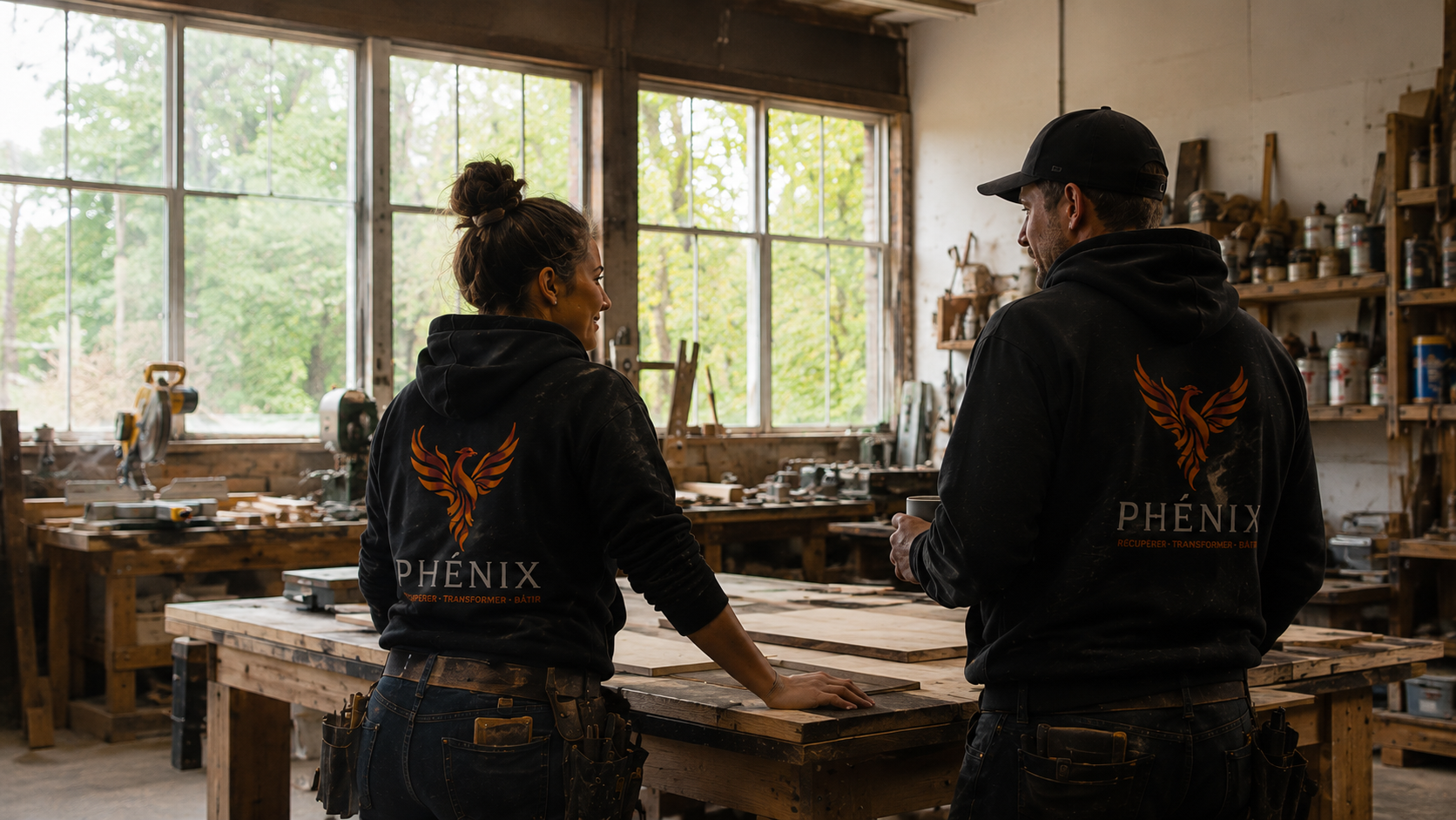 Deux membres de l’équipe Phénix discutant dans l’atelier