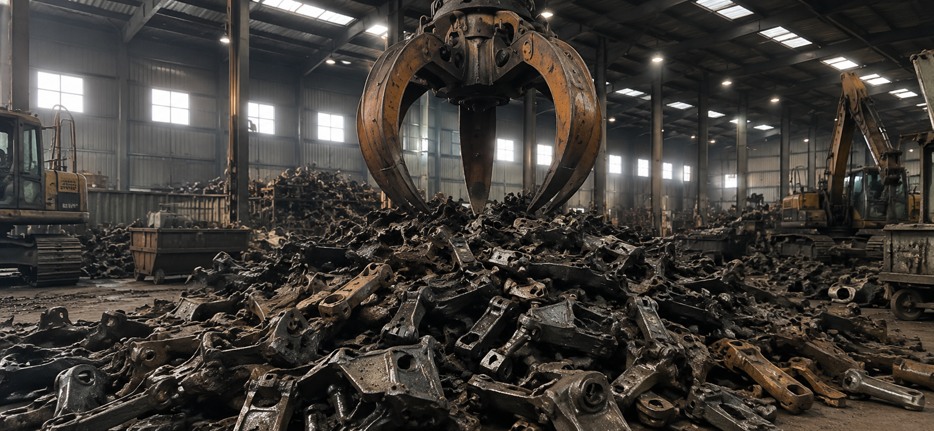 Grappin industriel récupérant des pièces métalliques dans l’atelier Phénix