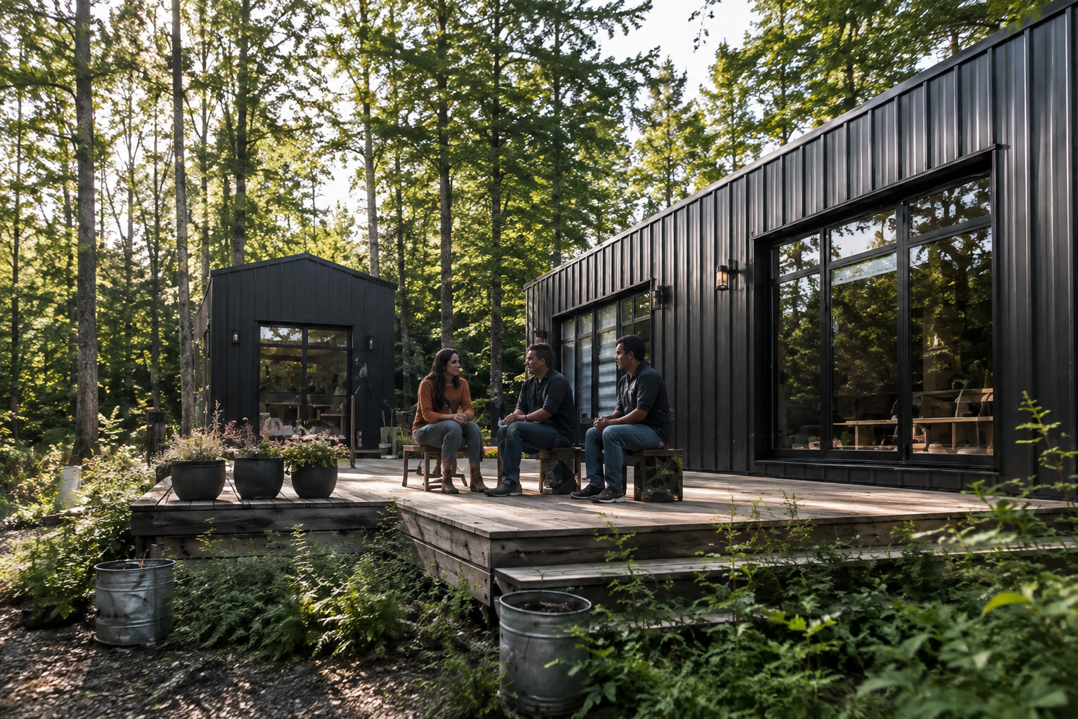 Membres de l’équipe Phénix devant des tiny houses