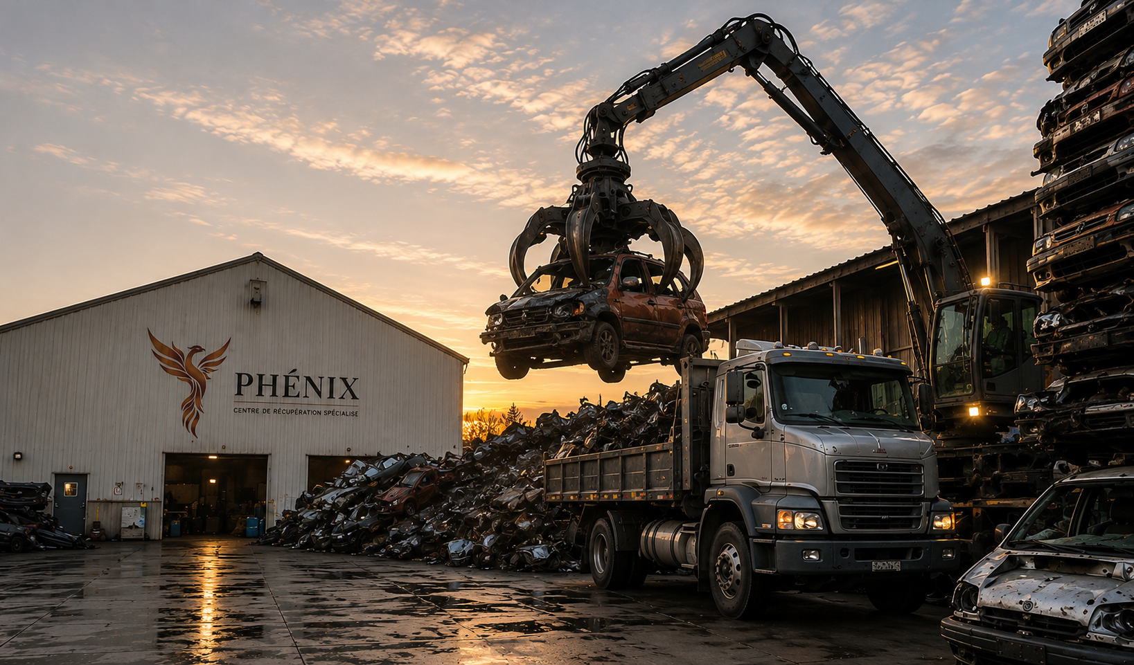 Grue manipulant un véhicule dans la cour de récupération Phénix
