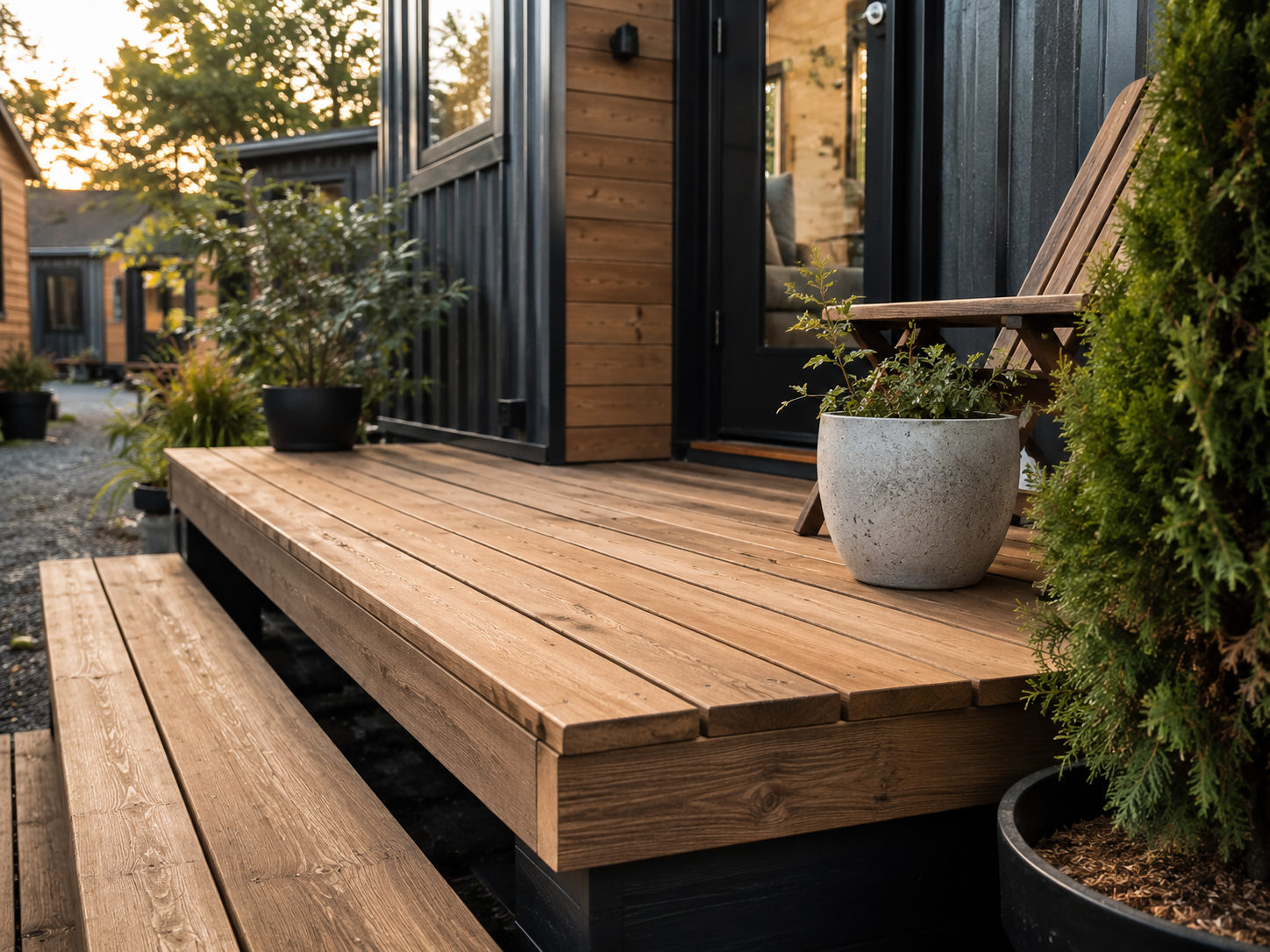 Terrasse extérieure construite avec des matériaux récupérés